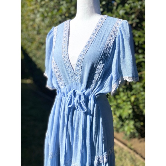NWT Light Blue V Neck Maxi Dress with Lace Trim - Picture 4 of 5